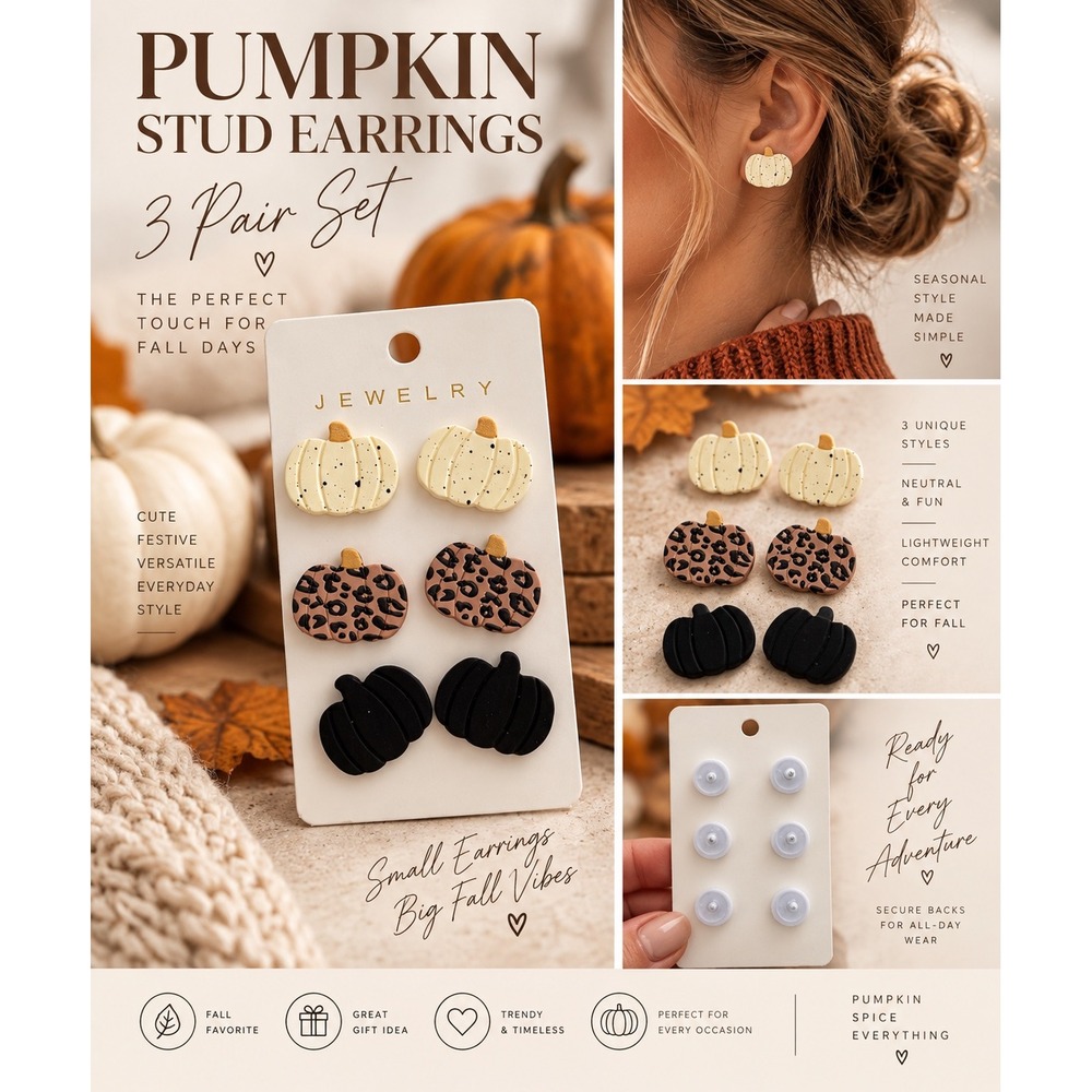 NEW Pumpkin Stud Earrings 3 Pair Set Leopard Fall Halloween Neutral Autumn